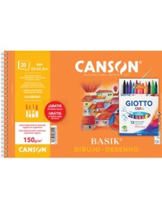 BLOC DE DIBUJO BASIK 20 hojas A4 CANSON 150 gr + CERAS GIOTTO GRATIS