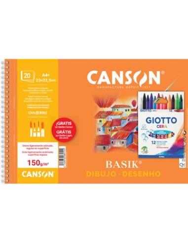 BLOC DE DIBUJO BASIK 20 hojas A4 CANSON 150 gr + CERAS GIOTTO GRATIS